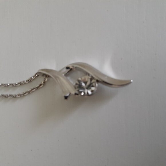 Plated Silver Charm Necklace Cubic Zirconia Gem with Chain - Picture 3 of 4